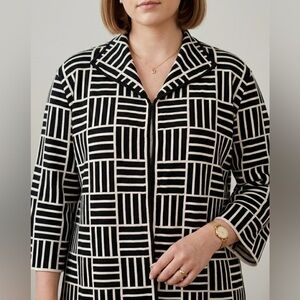 ST. JOHN Geometric Grid Knit Wool Blend Cardigan Jacket Black White